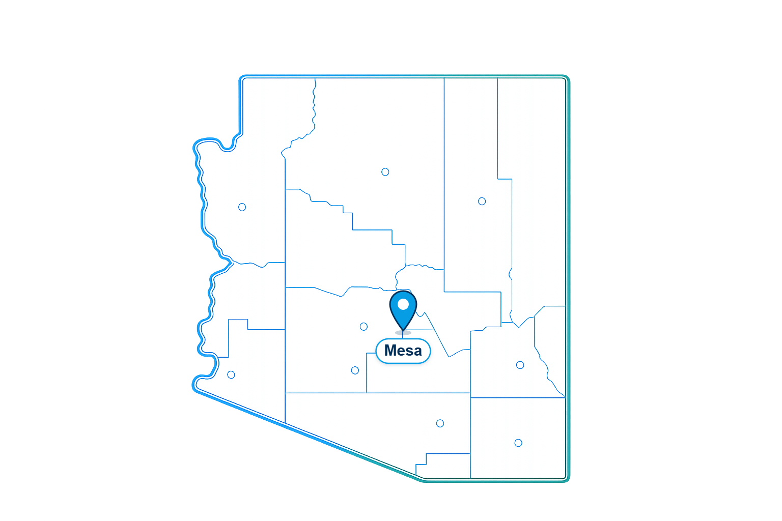 Mobile IV therapy service area map of Arizona with Mesa location pin — mobile IV Phoenix East Valley