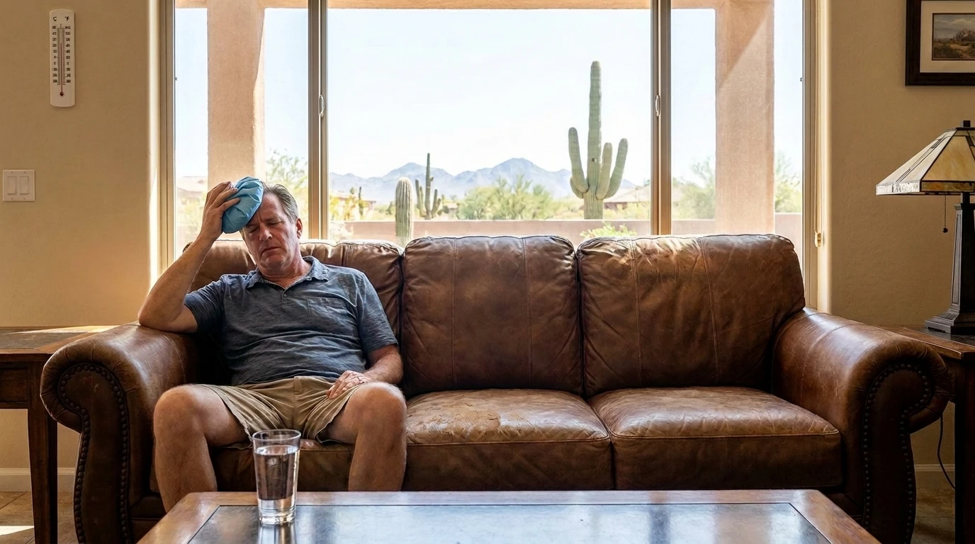 Man easing a dehydration headache with a cold compress and water at home in Phoenix, Arizona