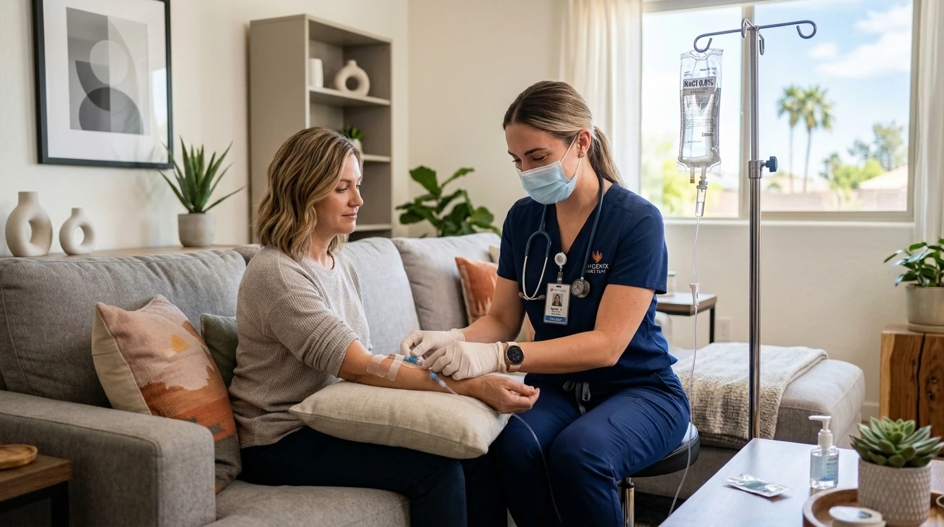 Licensed nurse starting an in-home IV drip for a woman recovering from illness on her couch in Phoenix, Arizona