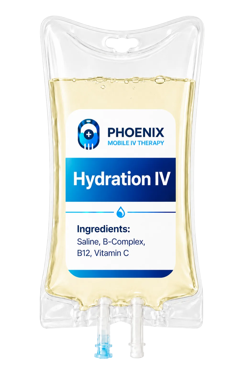 Hydration IV bag for Phoenix mobile IV therapy with saline, B-complex, B12, and vitamin C
