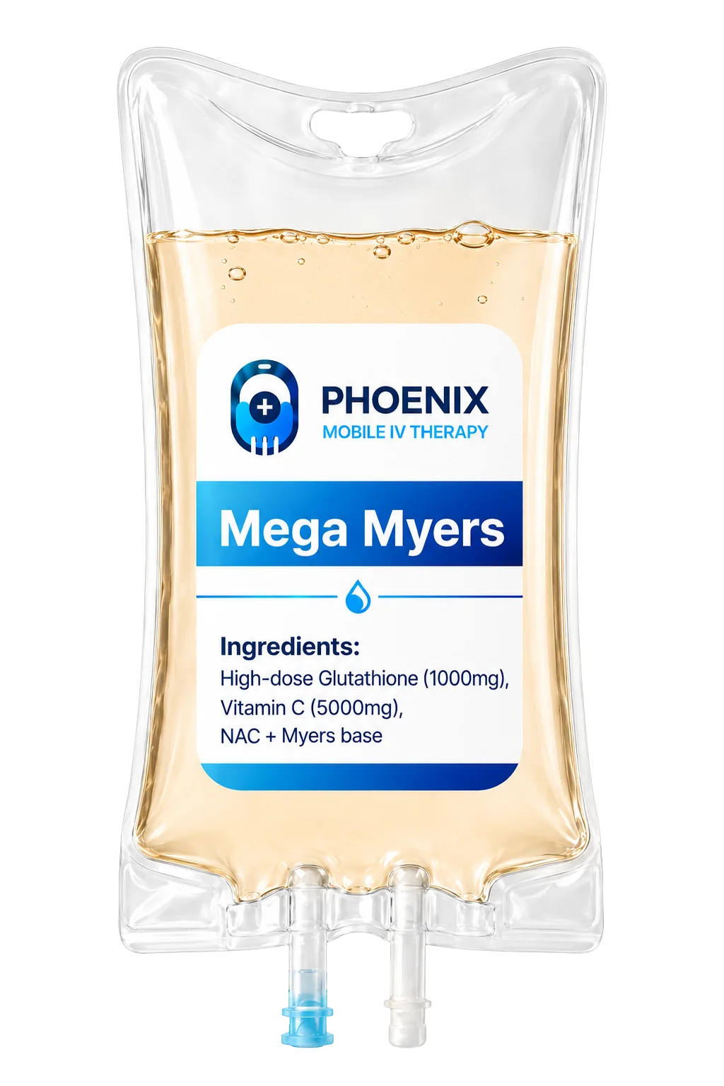 Mega Myers IV bag for Phoenix mobile IV therapy with high-dose glutathione, vitamin C, and NAC