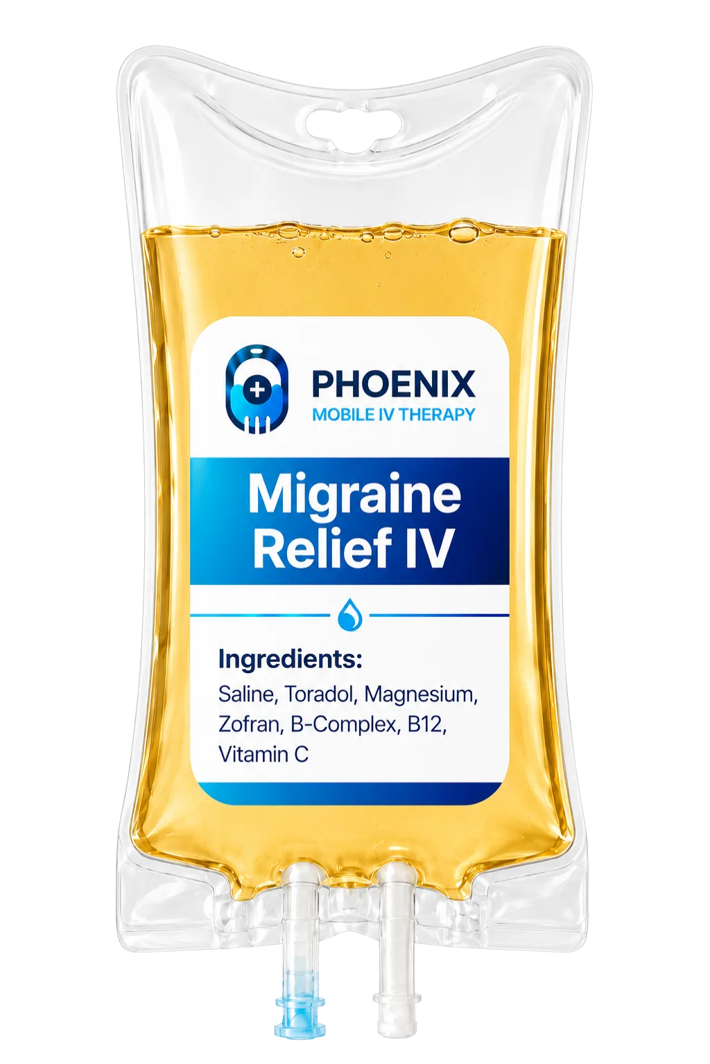 Migraine Relief IV bag for Phoenix mobile IV therapy with saline, Toradol, magnesium, Zofran, and B-complex