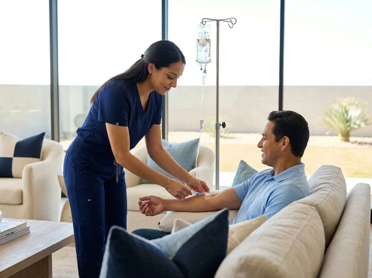 Phoenix Mobile IV Therapy nurse administering IV therapy to a woman at home in Chandler, Arizona
