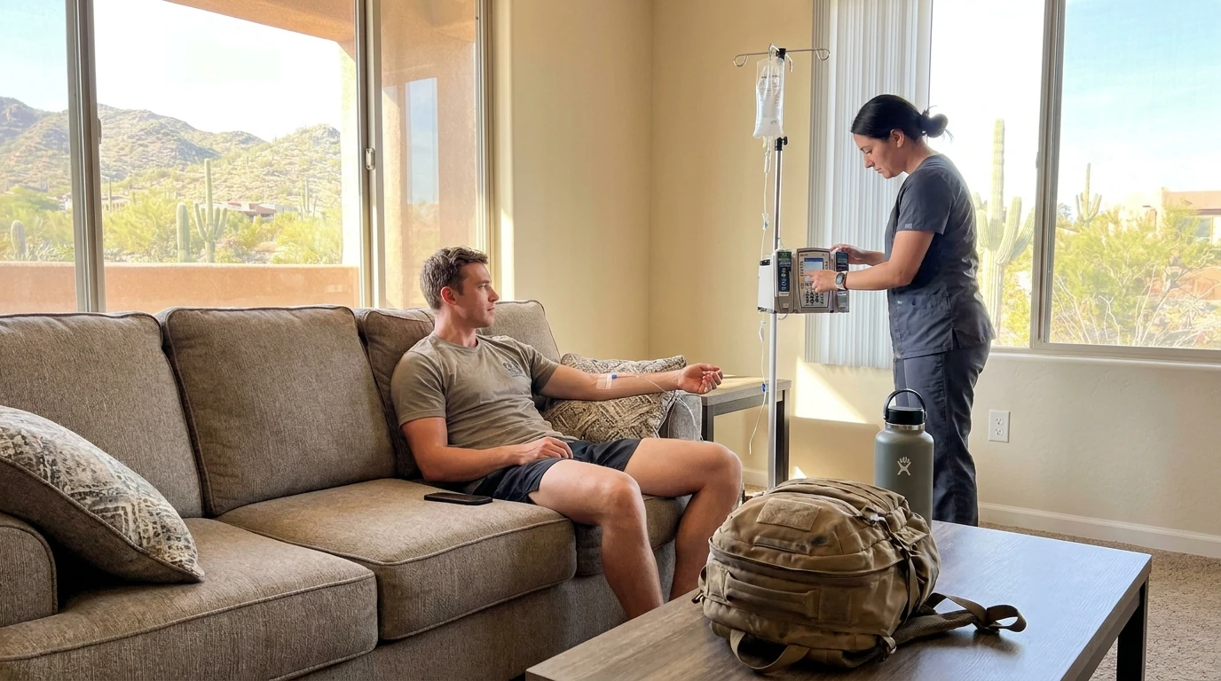 Mobile IV therapy in Phoenix, Arizona: a licensed nurse starts an IV drip for a male athlete recovering at home after a desert hike