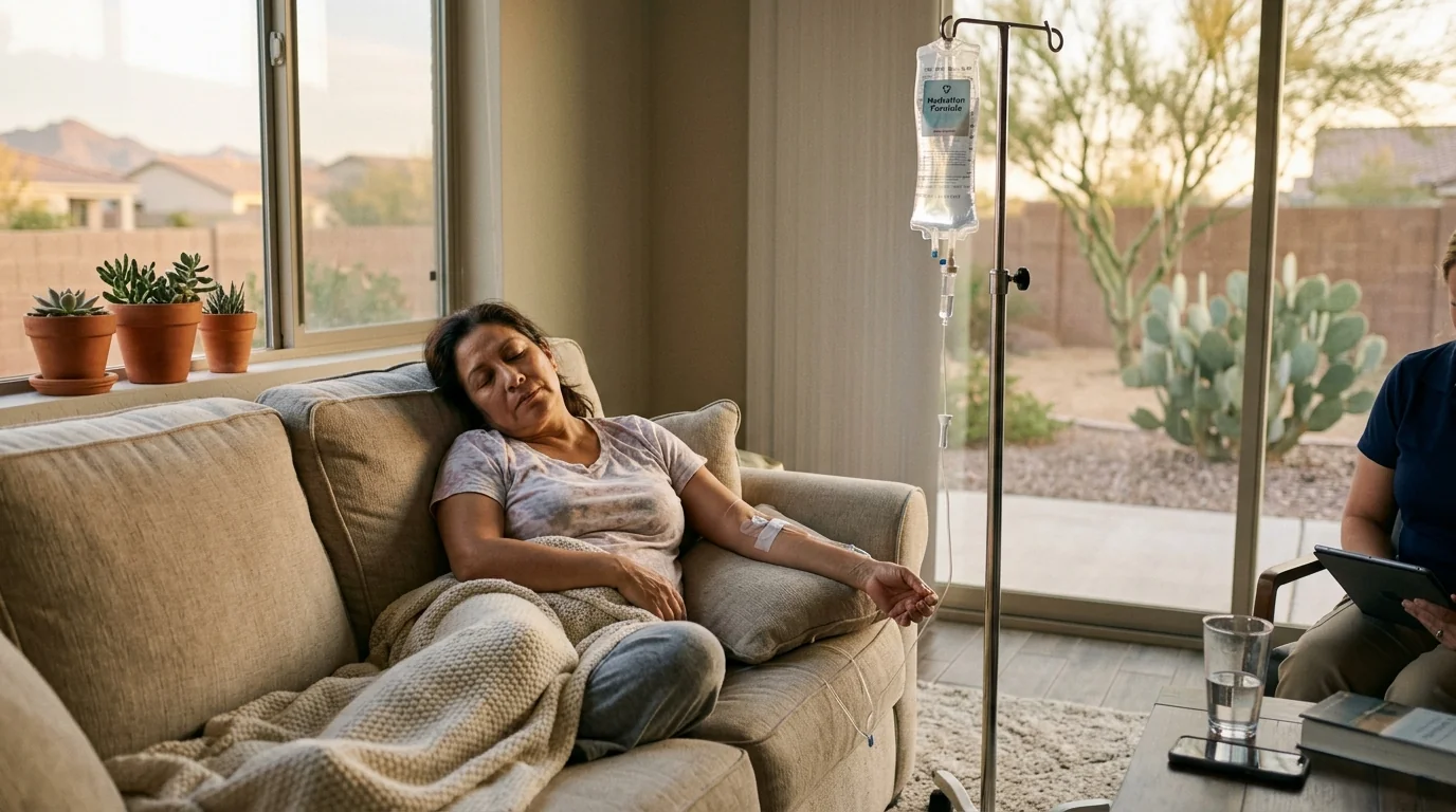 Woman resting during in-home IV hydration therapy while a nurse charts nearby, with desert landscaping outside in Phoenix, Arizona