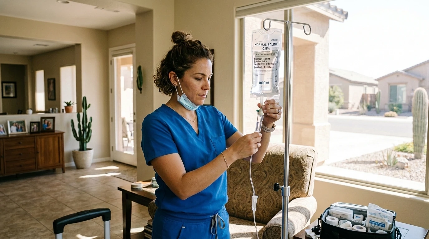 Registered nurse preparing an IV fluids bag for an in-home mobile IV therapy visit in Phoenix