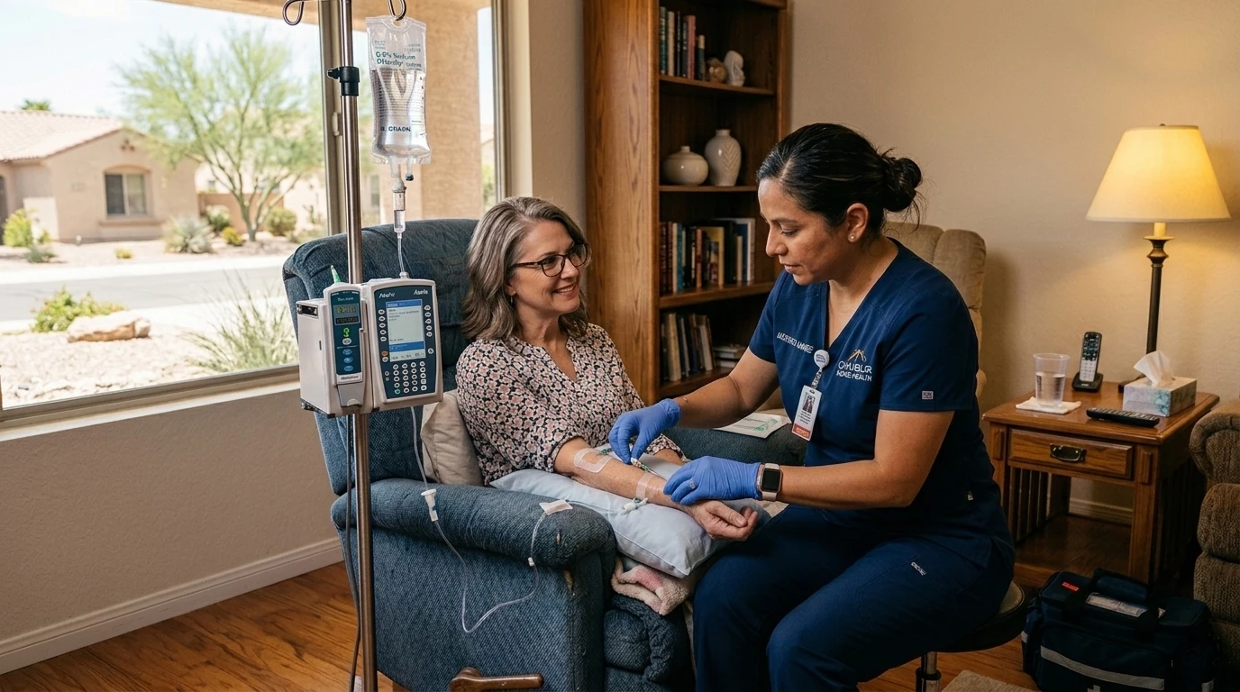 Licensed nurse administering IV therapy to a woman at home in Chandler, Arizona