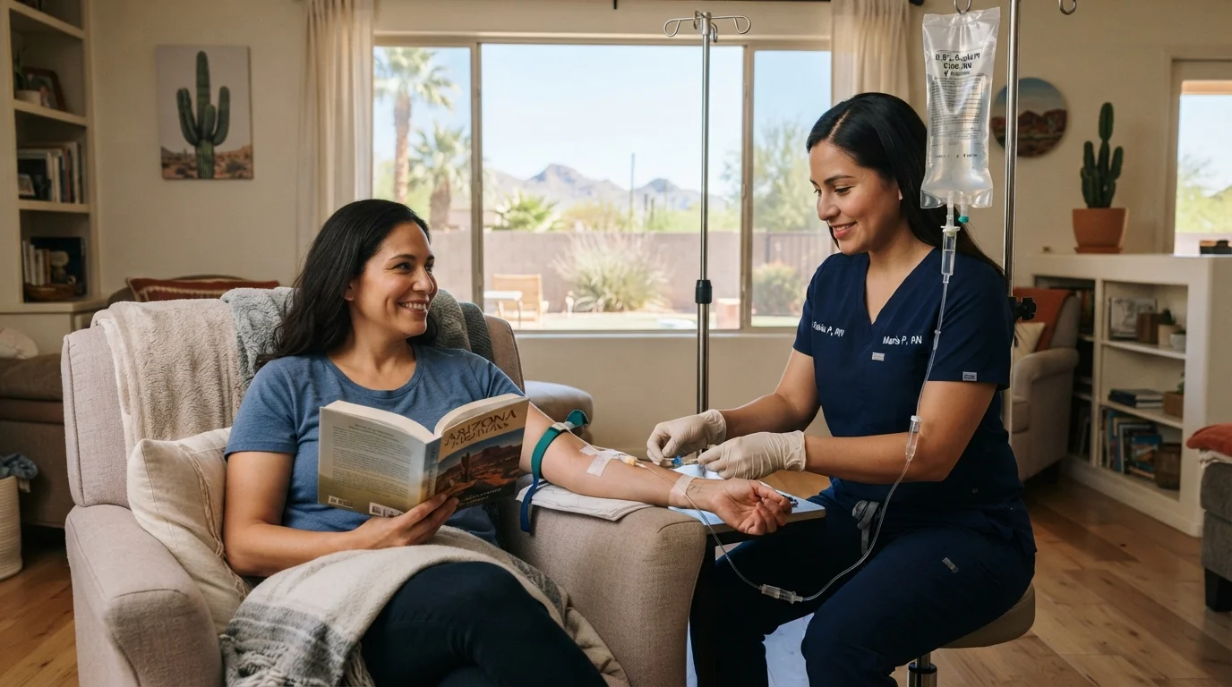 Nurse starting an IV hydration drip for a relaxed patient at home in Phoenix, Arizona