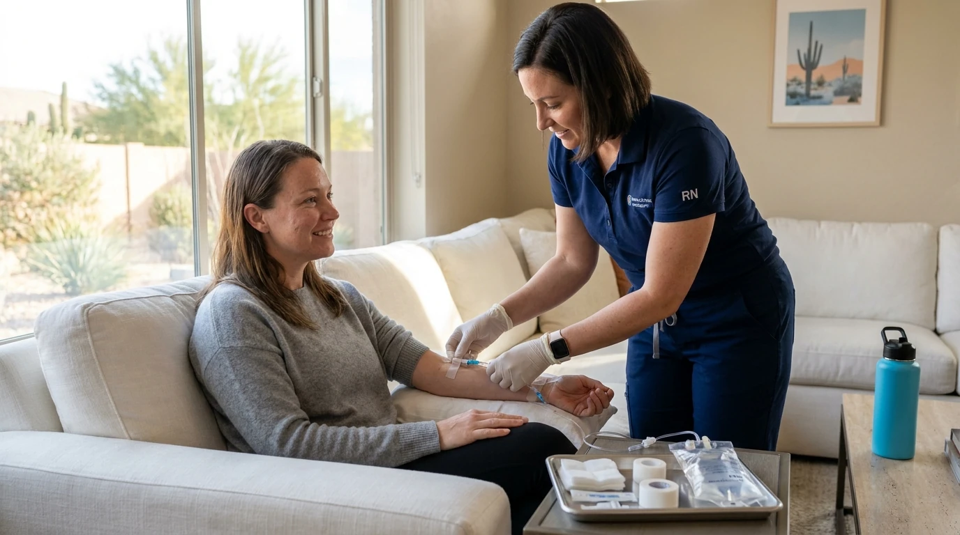 Registered nurse starting an IV hydration drip for a relaxed patient at home in Phoenix, Arizona