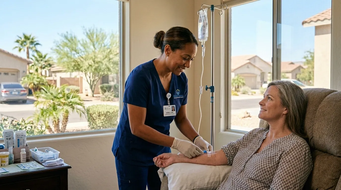 Licensed nurse starting an IV hydration drip for a seated woman at home in Phoenix, Arizona