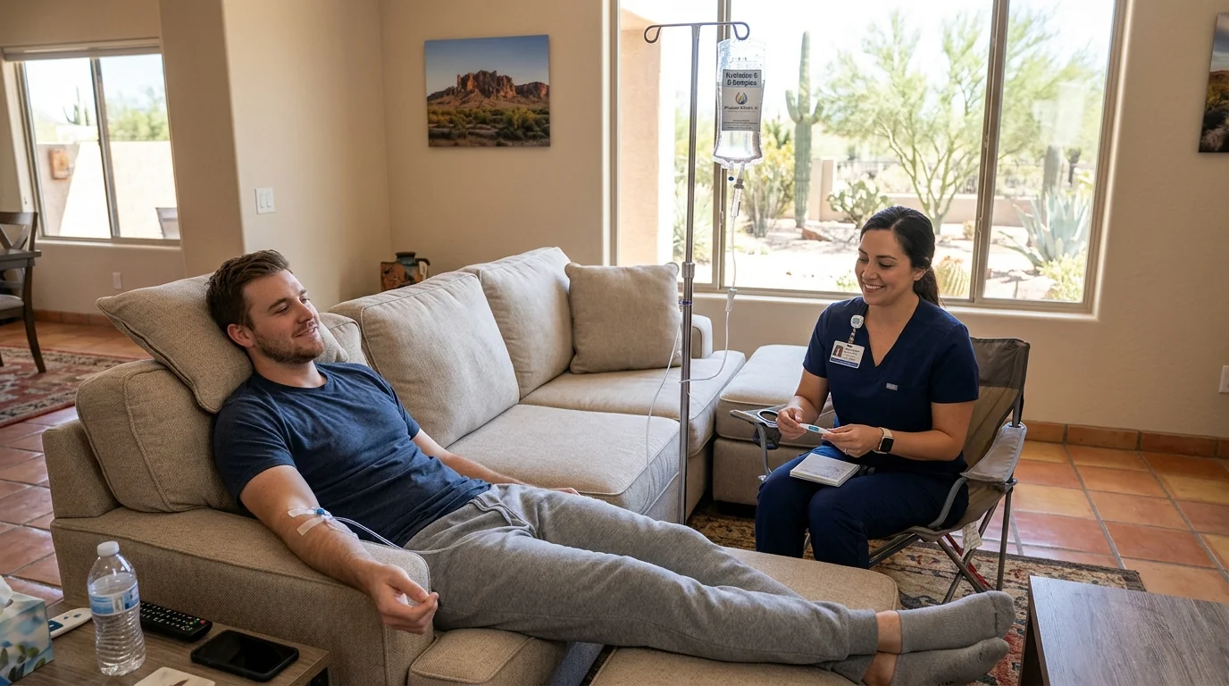 Man recovering at home with mobile IV hangover relief in Phoenix, Arizona