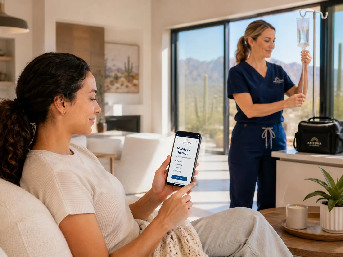 Patient booking a mobile IV therapy visit on a phone in the Phoenix area
