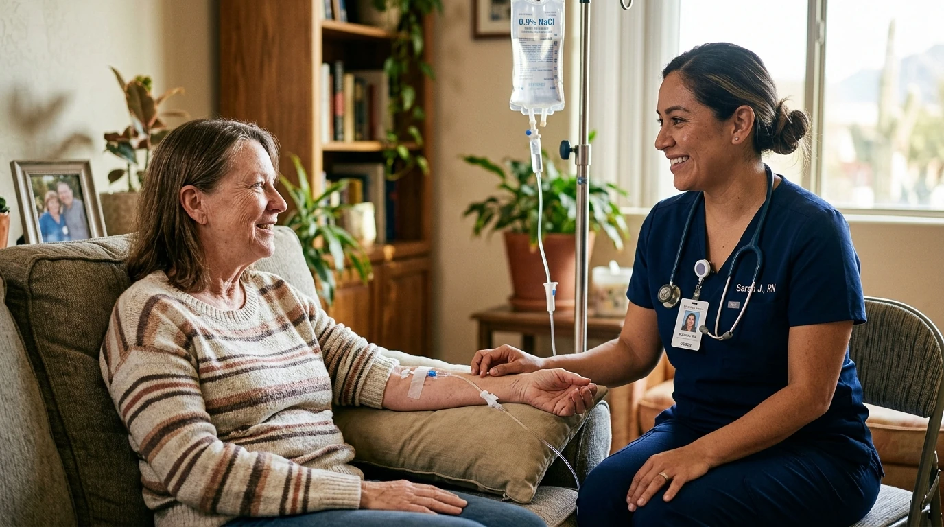 Mobile nurse talking with a patient during an IV drip visit at home in Phoenix, Arizona