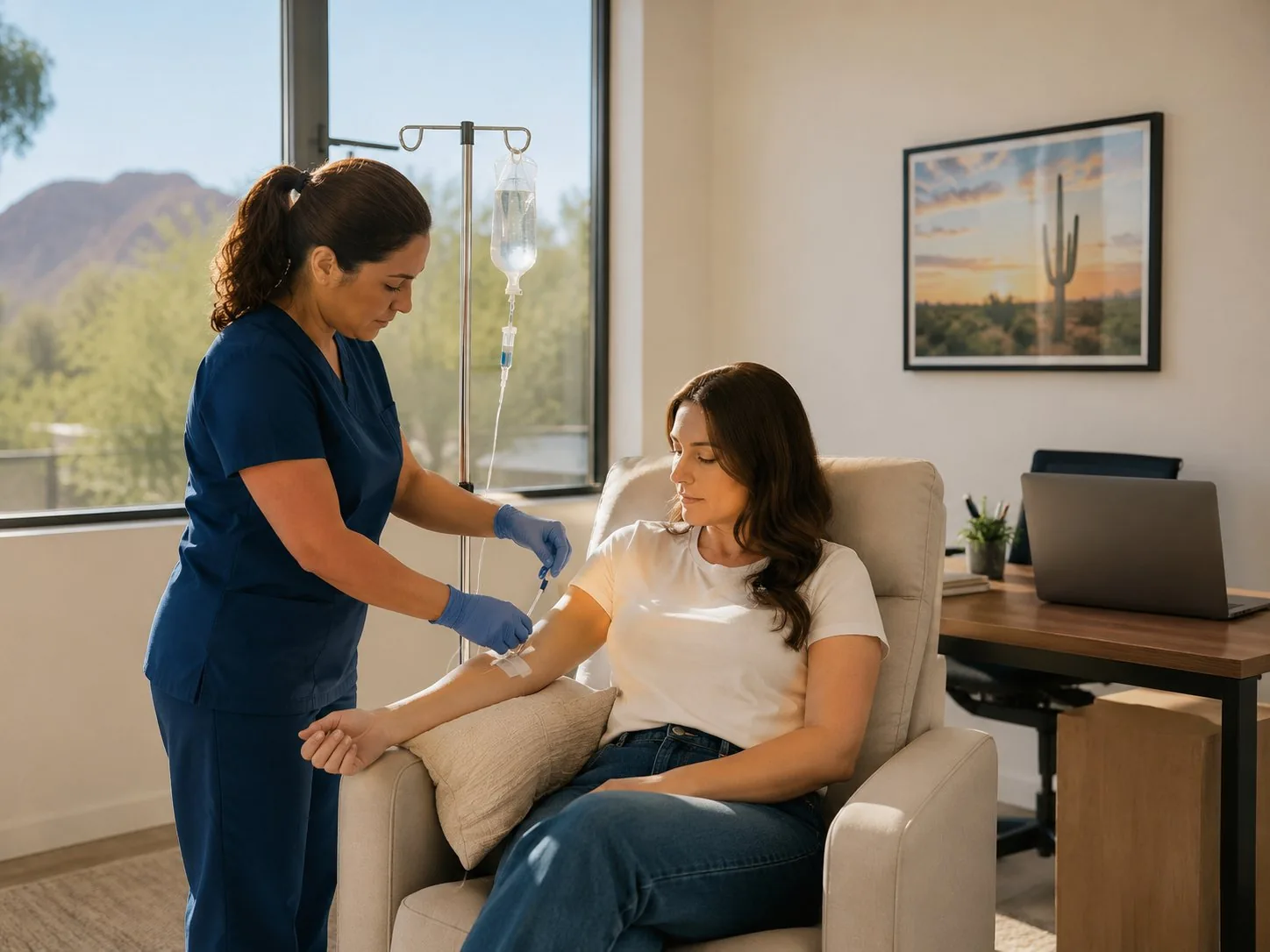 Nurse or REMT preparing a mobile IV drip in a Phoenix home