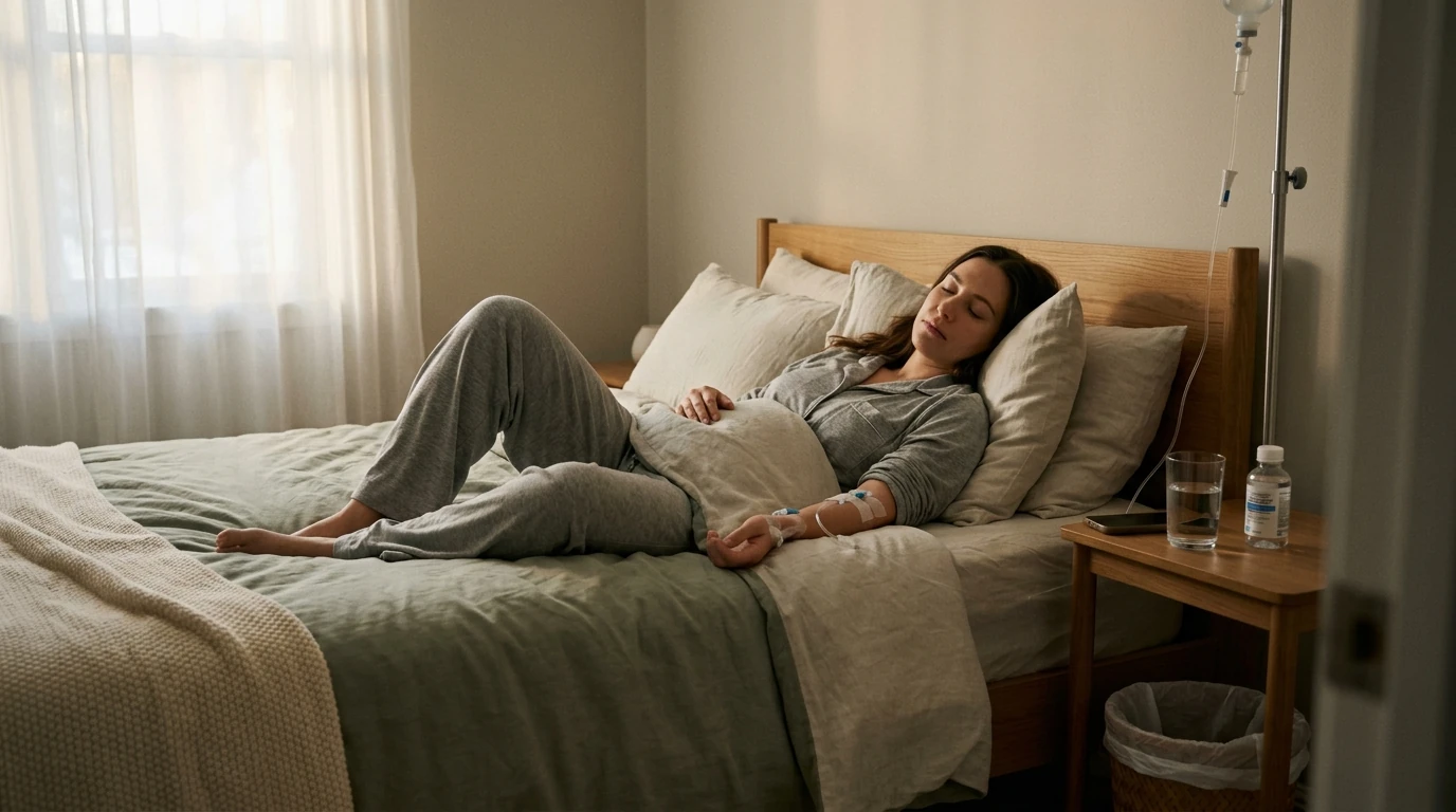 Person rehydrating with an IV while recovering from food poisoning at home in Phoenix, Arizona