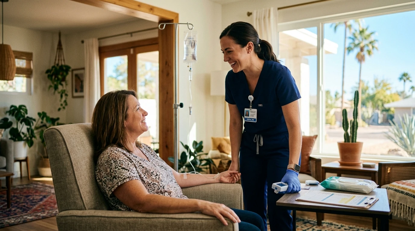 Licensed nurse in navy scrubs administering a mobile IV therapy drip to a smiling woman in a sunny Phoenix living room
