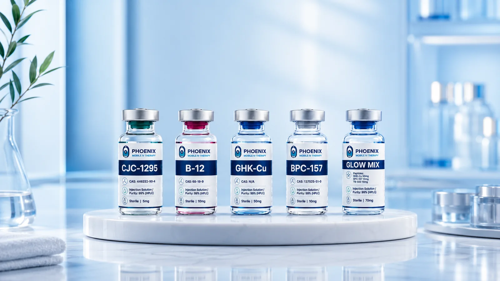 A lineup of peptide vials from Phoenix Mobile IV Therapy