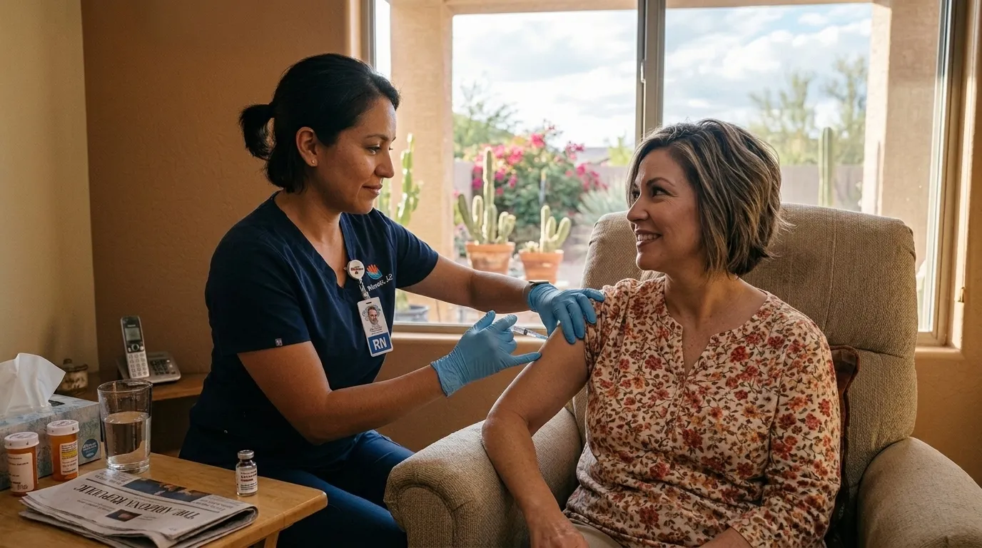 Registered nurse administering a B-vitamin injection to a patient at home in Phoenix, Arizona