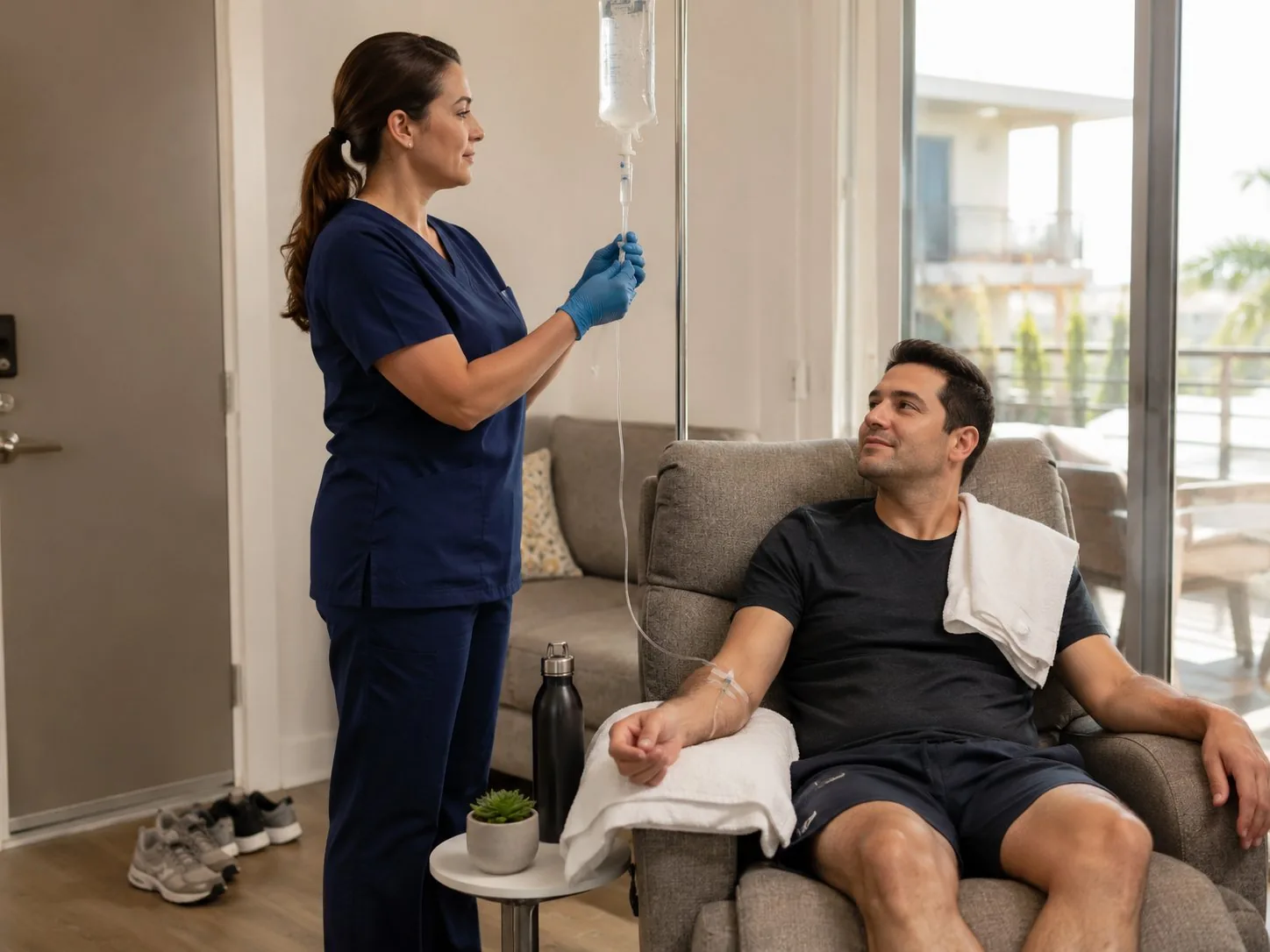 Nurse or REMT administering mobile IV therapy at a home in the Phoenix area